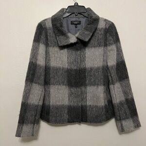 Talbots Grey Buffalo Plaid Wool Alpaca Blend Zip Front Jacket Womens 10